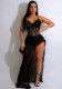 Women Fashion Sexy V Neck Straps Sequins Beaded Slit Evening Dress
