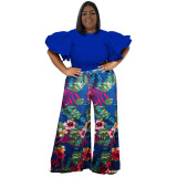 Spring Ladies Round Neck Ruffled Short Sleeve Top Printed Wide Leg Pants Two Piece Set