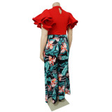 Spring Ladies Round Neck Ruffled Short Sleeve Top Printed Wide Leg Pants Two Piece Set