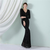 Sequin Evening Dress Women Formal Party Elegant Long-Sleeved Sequined Mermaid Evening Dress