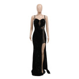 Women'S Sexy Straps Sleeveless Sequined Slit Long Evening Dress