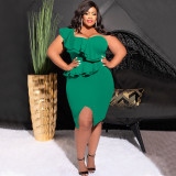 Spring Summer Plus Size Fashion Casual Ruffled Slit One Shoulder Bodycon Slit Dress
