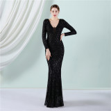 Sequin Evening Dress Women Formal Party Elegant Long-Sleeved Sequined Mermaid Evening Dress