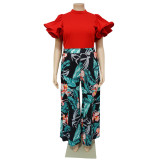 Spring Ladies Round Neck Ruffled Short Sleeve Top Printed Wide Leg Pants Two Piece Set