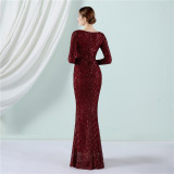 Sequin Evening Dress Women Formal Party Elegant Long-Sleeved Sequined Mermaid Evening Dress