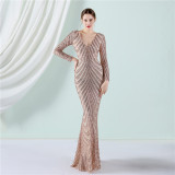 Sequin Evening Dress Women Formal Party Elegant Long-Sleeved Sequined Mermaid Evening Dress