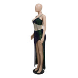 Women Fashion Sexy V Neck Straps Sequins Beaded Slit Evening Dress