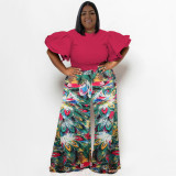 Spring Ladies Round Neck Ruffled Short Sleeve Top Printed Wide Leg Pants Two Piece Set