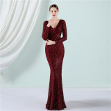 Sequin Evening Dress Women Formal Party Elegant Long-Sleeved Sequined Mermaid Evening Dress