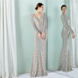 Sequin Evening Dress Women Formal Party Elegant Long-Sleeved Sequined Mermaid Evening Dress