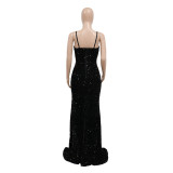 Women'S Sexy Straps Sleeveless Sequined Slit Long Evening Dress