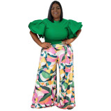 Spring Ladies Round Neck Ruffled Short Sleeve Top Printed Wide Leg Pants Two Piece Set