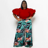Spring Ladies Round Neck Ruffled Short Sleeve Top Printed Wide Leg Pants Two Piece Set