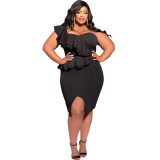 Spring Summer Plus Size Fashion Casual Ruffled Slit One Shoulder Bodycon Slit Dress