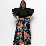 Spring Ladies Round Neck Ruffled Short Sleeve Top Printed Wide Leg Pants Two Piece Set