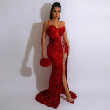 Women'S Sexy Straps Sleeveless Sequined Slit Long Evening Dress