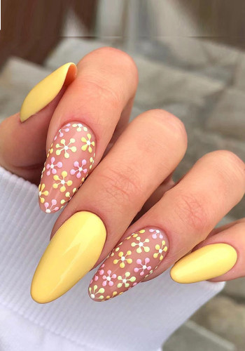 Manicure Patch Wear Nail Yellow Powder Floret Nail Sticker Press On Nails False Nail Designer  Detachable Faux Ongles Artificial Nails