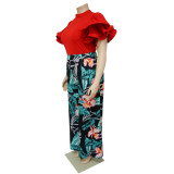 Spring Ladies Round Neck Ruffled Short Sleeve Top Printed Wide Leg Pants Two Piece Set