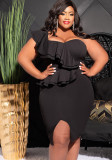 Spring Summer Plus Size Fashion Casual Ruffled Slit One Shoulder Bodycon Slit Dress