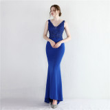 Women Elegant Appliquéd Beaded Formal Party Maxi Mermaid Evening Dress