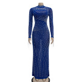 Women Mesh See-Through Beaded Long Sleeve Maxi Dress Set