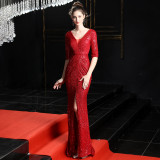 Women Elegant Long Sleeve Sequined Formal Party Maxi Mermaid Evening Dress