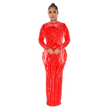 Women Mesh See-Through Beaded Long Sleeve Maxi Dress Set
