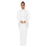 Women Mesh See-Through Beaded Long Sleeve Maxi Dress Set