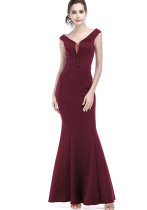Women Elegant V Neck Slim Formal Party Maxi Mermaid Evening Dress