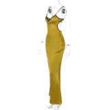 Women Sexy Solid Suspender Backless Long Dress