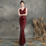Women Elegant Sequined Slim Formal Party Maxi Mermaid Evening Dress