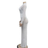 Women Mesh See-Through Beaded Long Sleeve Maxi Dress Set