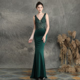 Women Elegant Appliquéd Beaded Formal Party Maxi Mermaid Evening Dress