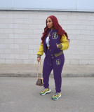 Women Letter Baseball Jacket and Pant Two-Piece Set