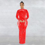Women Mesh See-Through Beaded Long Sleeve Maxi Dress Set