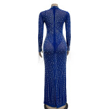 Women Mesh See-Through Beaded Long Sleeve Maxi Dress Set