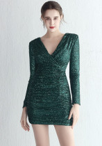 Women Elegant Sequin Long Sleeve Formal Party Mini Evening Dress