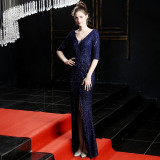 Women Elegant Long Sleeve Sequined Formal Party Maxi Mermaid Evening Dress
