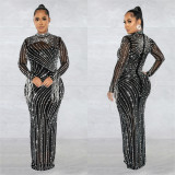 Women Mesh See-Through Beaded Long Sleeve Maxi Dress Set