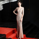 Women Elegant Long Sleeve Sequined Formal Party Maxi Mermaid Evening Dress