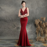 Women Elegant Appliquéd Beaded Formal Party Maxi Mermaid Evening Dress