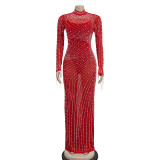 Women Mesh See-Through Beaded Long Sleeve Maxi Dress Set