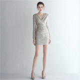 Women Elegant Sequin Long Sleeve Formal Party Mini Evening Dress