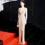 Women Elegant Long Sleeve Sequined Formal Party Maxi Mermaid Evening Dress