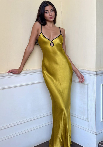 Women Sexy Solid Suspender Backless Long Dress