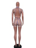 Women's Trendy Digital Ribbed Print Sexy Low Back Short Sleeve Two-Piece Set