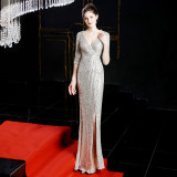 Women Elegant Long Sleeve Sequined Formal Party Maxi Mermaid Evening Dress