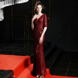 Women Elegant Long Sleeve Sequined Formal Party Maxi Mermaid Evening Dress