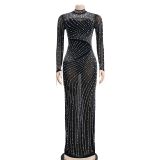 Women Mesh See-Through Beaded Long Sleeve Maxi Dress Set