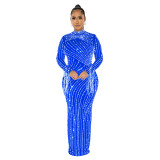 Women Mesh See-Through Beaded Long Sleeve Maxi Dress Set